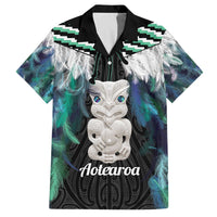 Aotearoa Korowai Motif Family Matching Off The Shoulder Long Sleeve Dress and Hawaiian Shirt Hei Tiki Poutama Maori Pattern LT14 Dad's Shirt - Short Sleeve Turquoise - Polynesian Pride