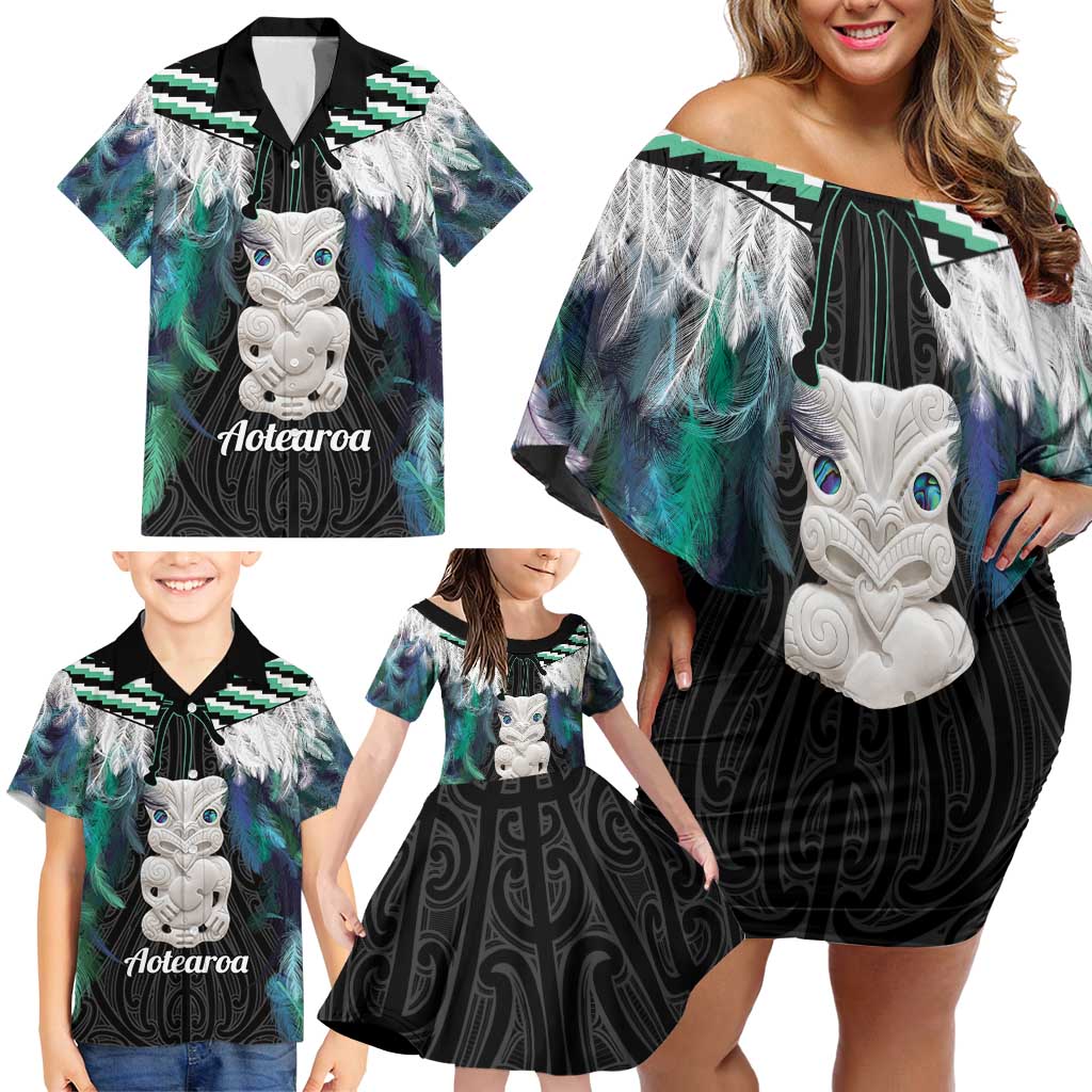 Aotearoa Korowai Motif Family Matching Off Shoulder Short Dress and Hawaiian Shirt Hei Tiki Poutama Maori Pattern