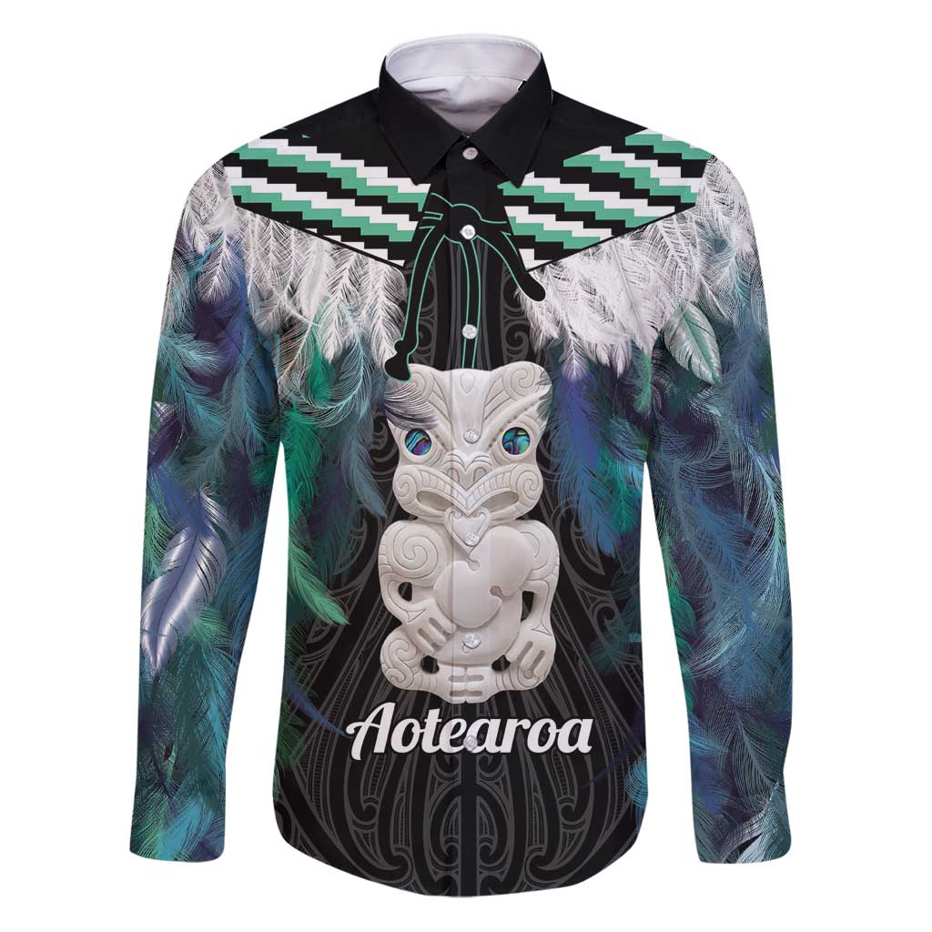 Aotearoa Korowai Motif Family Matching Puletasi and Hawaiian Shirt Hei Tiki Poutama Maori Pattern LT14 Dad's Shirt - Long Sleeve Turquoise - Polynesian Pride