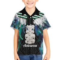 Aotearoa Korowai Motif Family Matching Short Sleeve Bodycon Dress and Hawaiian Shirt Hei Tiki Poutama Maori Pattern LT14 Son's Shirt Turquoise - Polynesian Pride