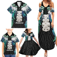 Aotearoa Korowai Motif Family Matching Summer Maxi Dress and Hawaiian Shirt Hei Tiki Poutama Maori Pattern
