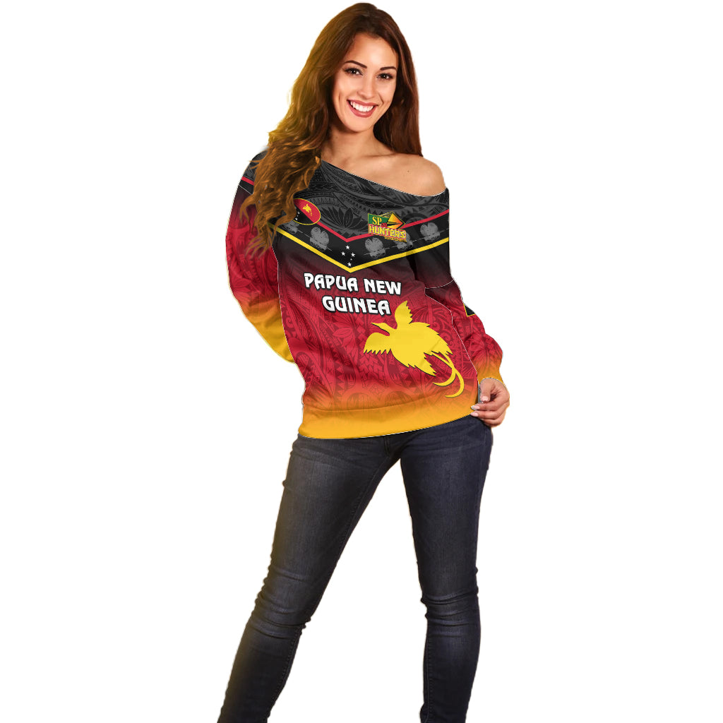 Papua New Guinea Rugby Off Shoulder Sweater PNG Hunters Polynesian Black LT14 - Polynesian Pride