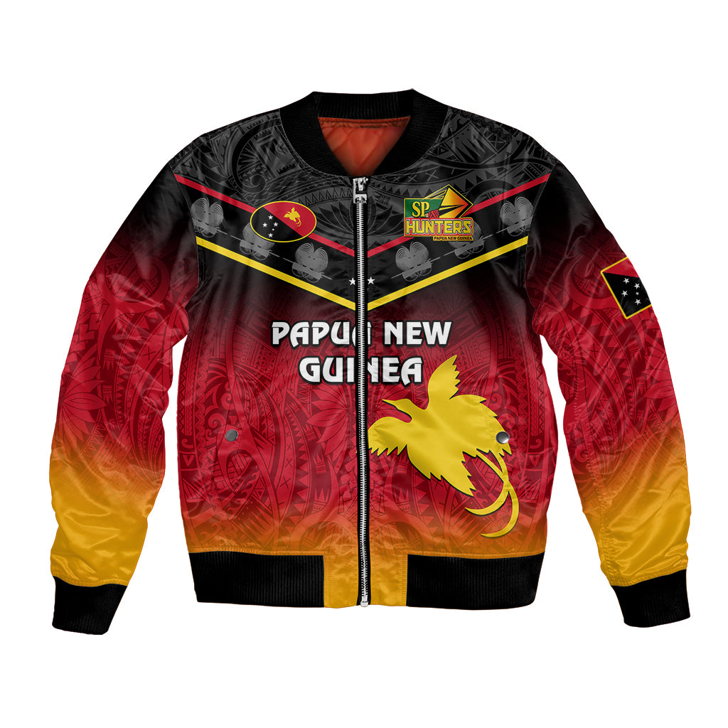 Personalised Papua New Guinea Rugby Bomber Jacket PNG Hunters Polynesian Black LT14 Unisex Black - Polynesian Pride