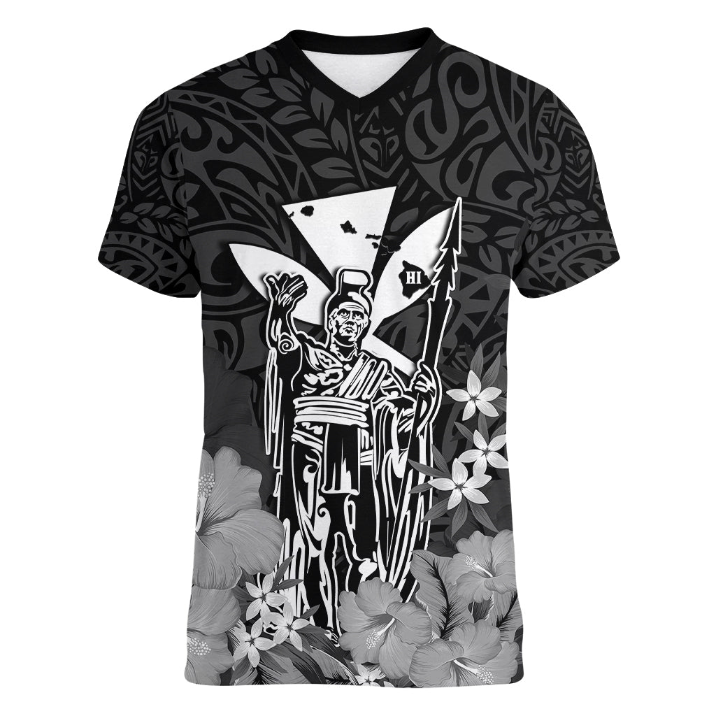 Polynesian Pride King Kamehameha Day Hawaii Women V Neck T Shirt Polynesia Tribal Kanaka And Hibiscus Black LT14 Female Black - Polynesian Pride