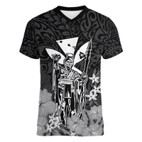 Polynesian Pride King Kamehameha Day Hawaii Women V Neck T Shirt Polynesia Tribal Kanaka And Hibiscus Black LT14 Female Black - Polynesian Pride