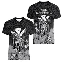 Polynesian Pride King Kamehameha Day Hawaii Women V Neck T Shirt Polynesia Tribal Kanaka And Hibiscus Black LT14 - Polynesian Pride