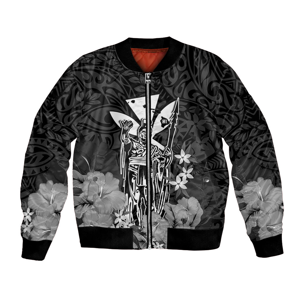 Personalised King Kamehameha Day Hawaii Bomber Jacket Polynesia Tribal Kanaka And Hibiscus Black LT14 Unisex Black - Polynesian Pride