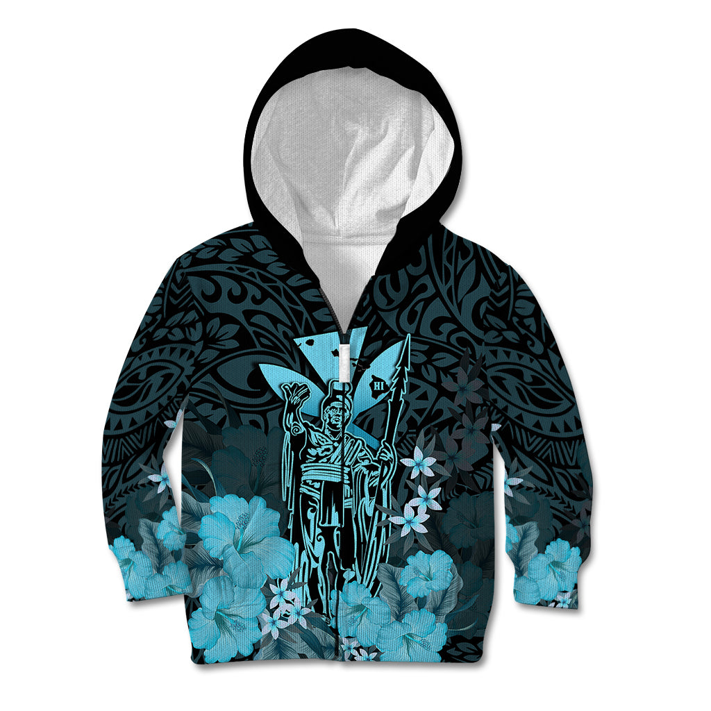 Polynesian Pride King Kamehameha Day Hawaii Kid Hoodie Polynesia Tribal Kanaka And Hibiscus Turquoise LT14 Zip Hoodie Turquoise - Polynesian Pride