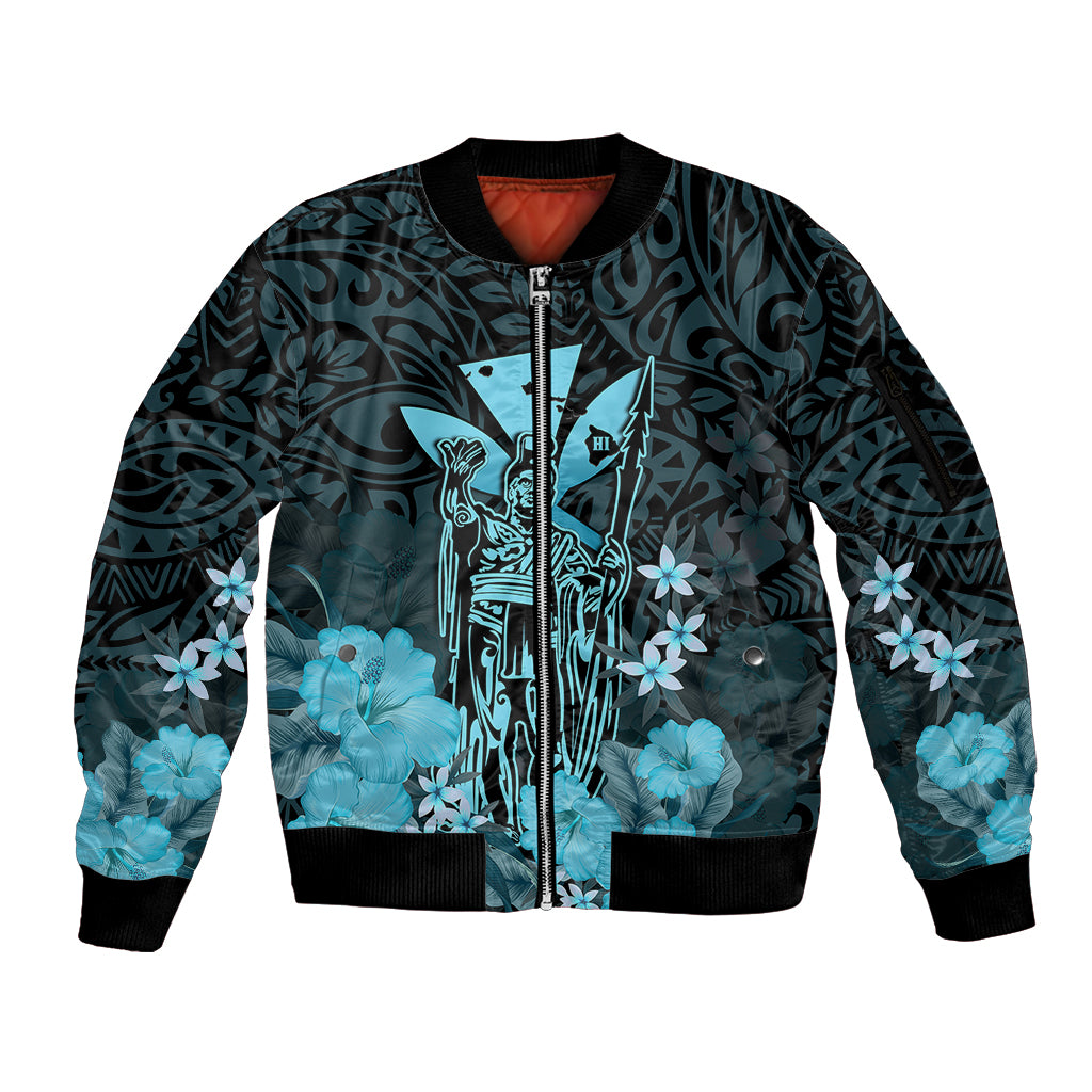 Polynesian Pride King Kamehameha Day Hawaii Sleeve Zip Bomber Jacket Polynesia Tribal Kanaka And Hibiscus Turquoise LT14 Unisex Turquoise - Polynesian Pride