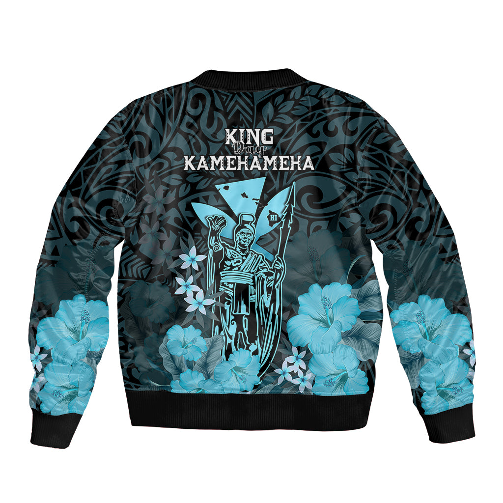 Polynesian Pride King Kamehameha Day Hawaii Sleeve Zip Bomber Jacket Polynesia Tribal Kanaka And Hibiscus Turquoise LT14 - Polynesian Pride
