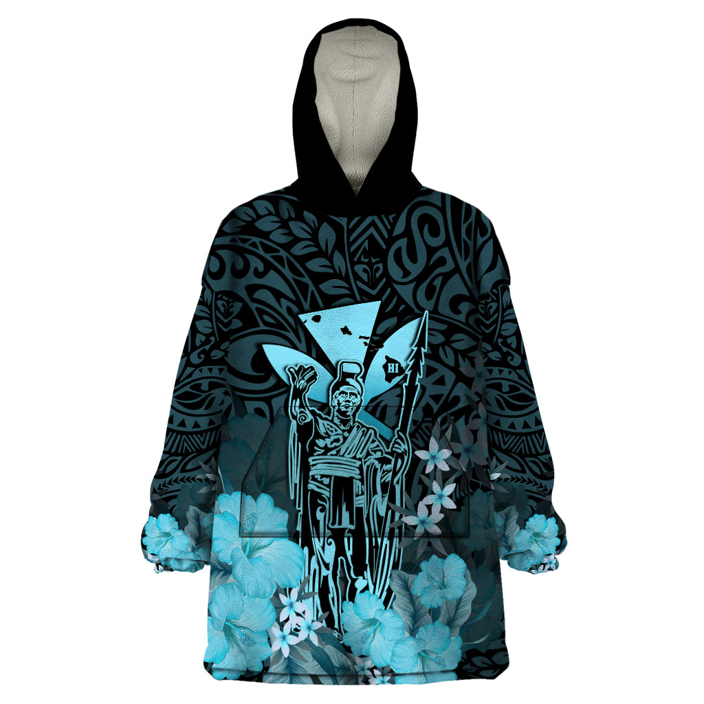 Polynesian Pride King Kamehameha Day Hawaii Wearable Blanket Hoodie Polynesia Tribal Kanaka And Hibiscus Turquoise LT14 One Size Turquoise - Polynesian Pride