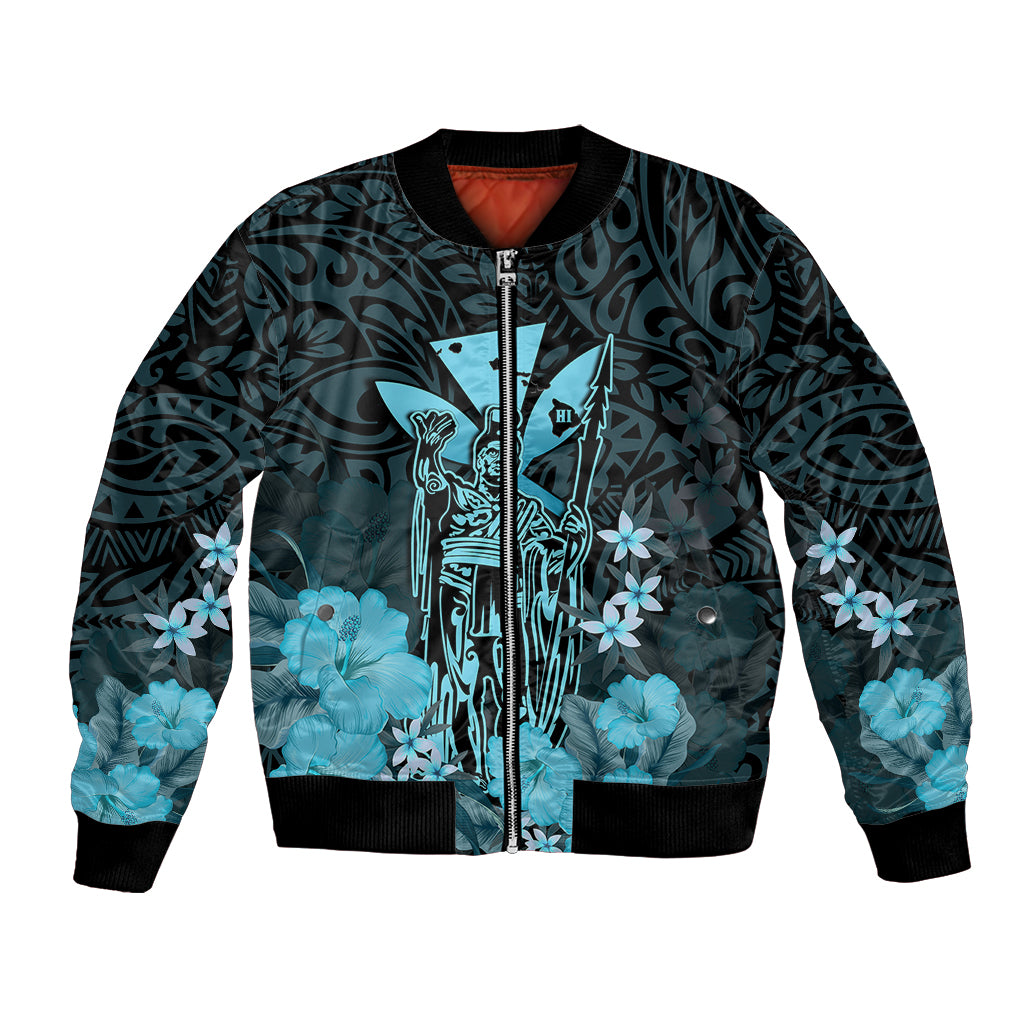 Personalised King Kamehameha Day Hawaii Bomber Jacket Polynesia Tribal Kanaka And Hibiscus Turquoise LT14 Unisex Turquoise - Polynesian Pride