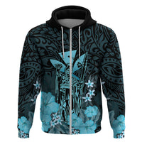 Custom King Kamehameha Day Hawaii Hoodie Polynesia Tribal Kanaka and Hibiscus Turquoise LT14 Zip Hoodie Turquoise - Polynesian Pride