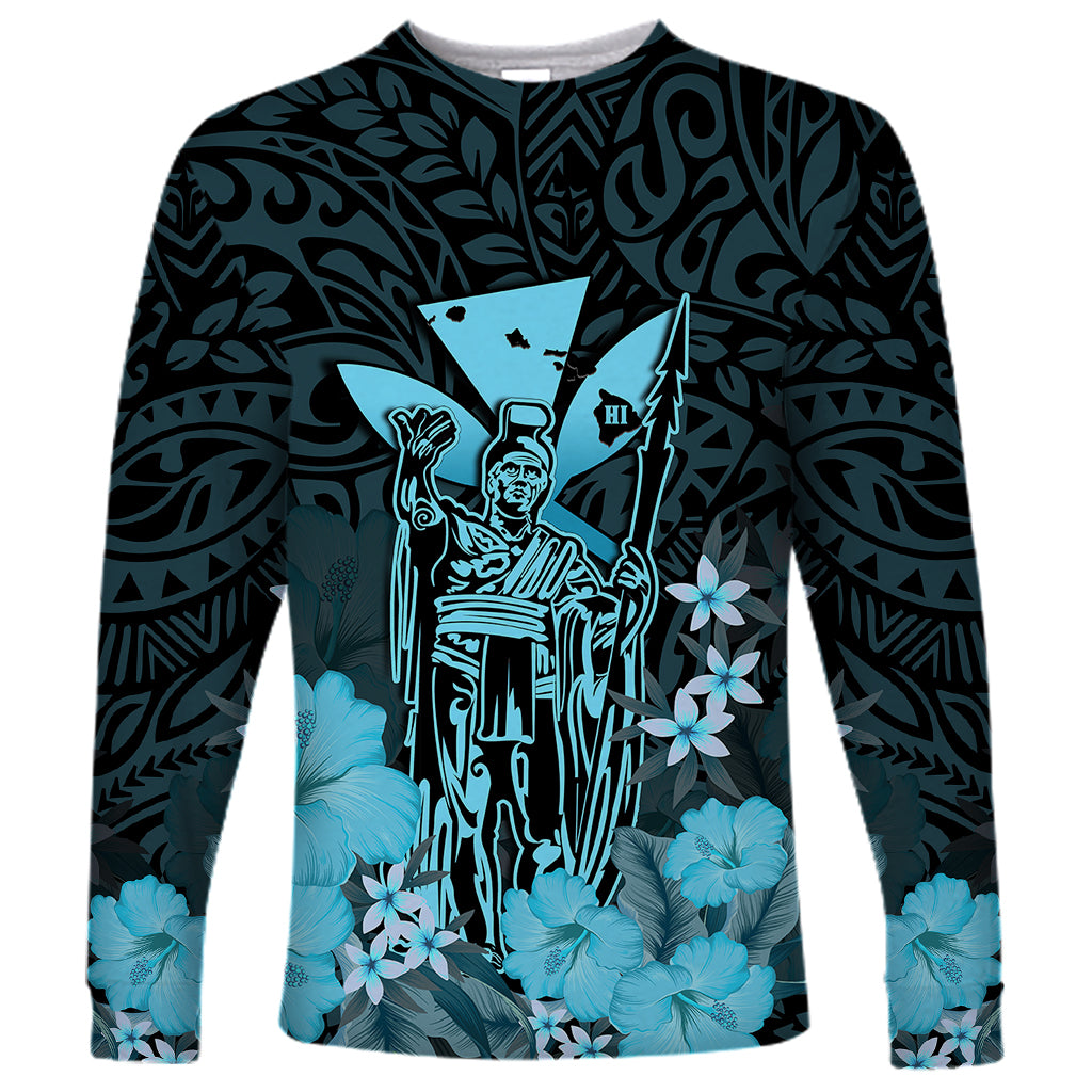 Personalised King Kamehameha Day Hawaii Long Sleeve Shirt Polynesia Tribal Kanaka And Hibiscus Turquoise LT14 Unisex Turquoise - Polynesian Pride