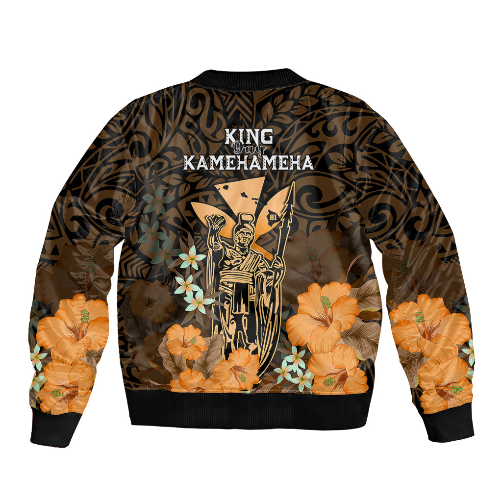 Polynesian Pride King Kamehameha Day Hawaii Sleeve Zip Bomber Jacket Polynesia Tribal Kanaka And Hibiscus Gold LT14 - Polynesian Pride