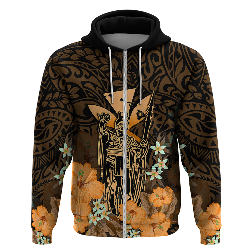 Custom King Kamehameha Day Hawaii Hoodie Polynesia Tribal Kanaka and Hibiscus Gold LT14 Zip Hoodie Gold - Polynesian Pride