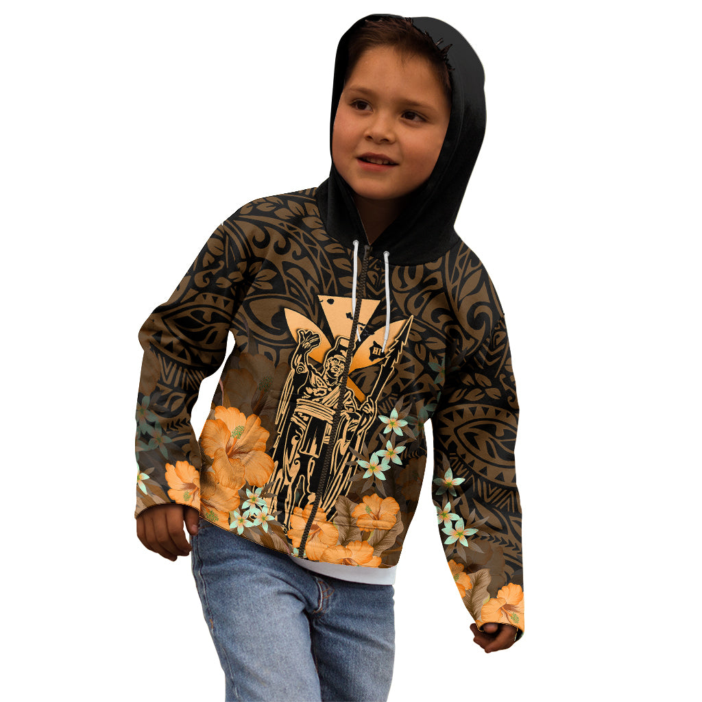 Personalised King Kamehameha Day Hawaii Kid Hoodie Polynesia Tribal Kanaka And Hibiscus Gold LT14 - Polynesian Pride
