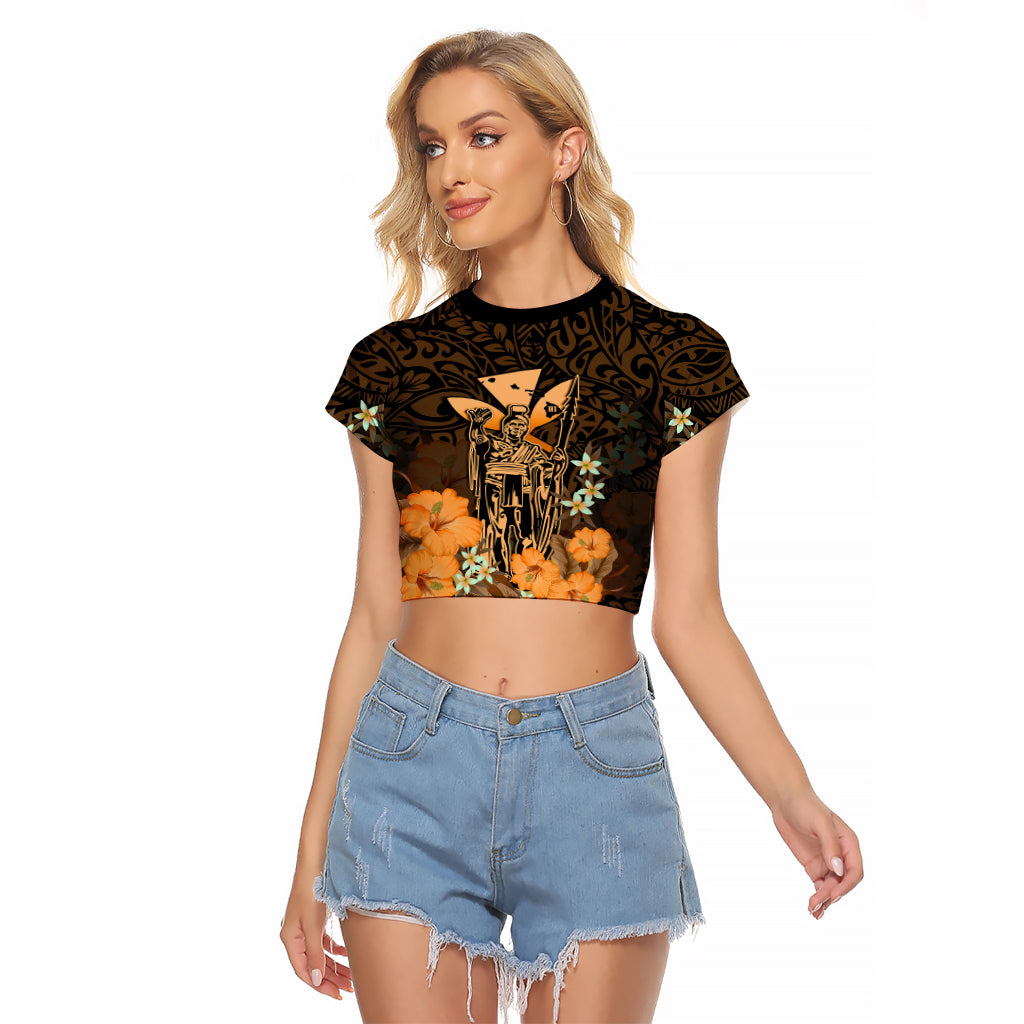Personalised King Kamehameha Day Hawaii Raglan Cropped T Shirt Polynesia Tribal Kanaka And Hibiscus Gold LT14 Female Gold - Polynesian Pride