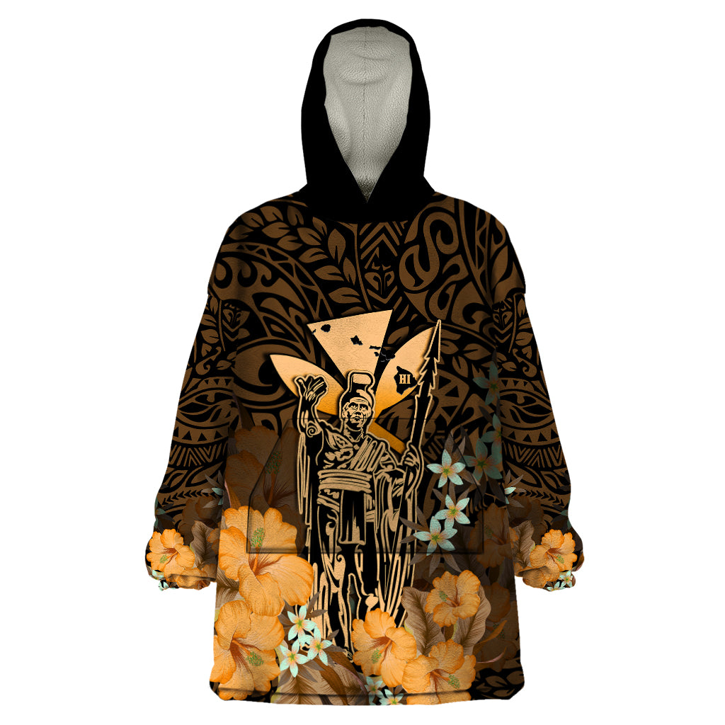 Personalised King Kamehameha Day Hawaii Wearable Blanket Hoodie Polynesia Tribal Kanaka And Hibiscus Gold LT14 One Size Gold - Polynesian Pride