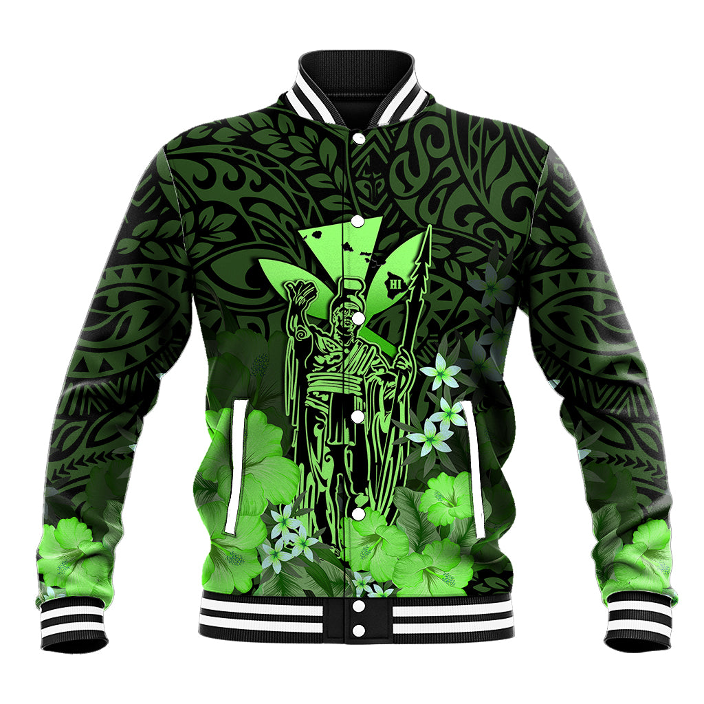 Polynesian Pride King Kamehameha Day Hawaii Baseball Jacket Polynesia Tribal Kanaka And Hibiscus Green LT14 Unisex Green - Polynesian Pride
