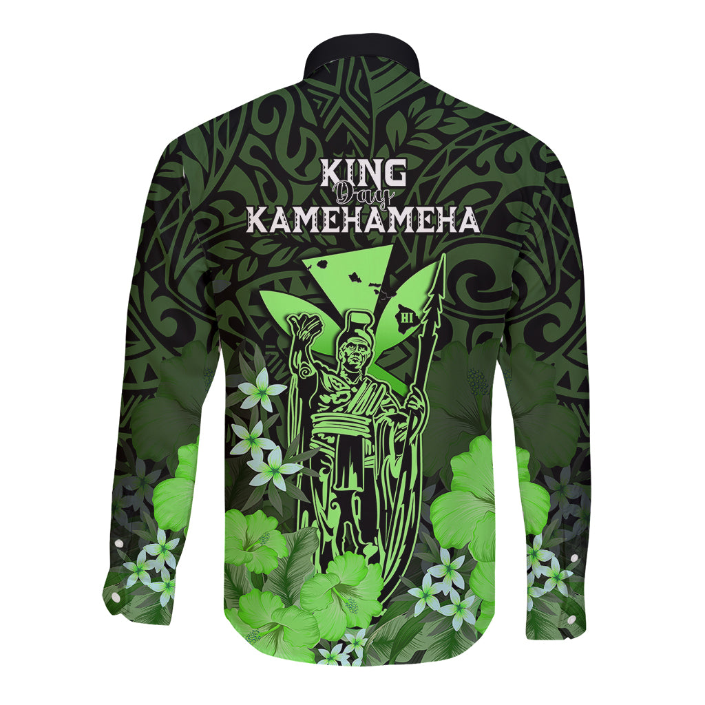 Polynesian Pride King Kamehameha Day Hawaii Long Sleeve Button Shirt Polynesia Tribal Kanaka And Hibiscus Green LT14 - Polynesian Pride