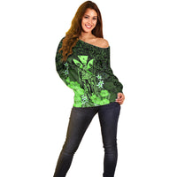 Polynesian Pride King Kamehameha Day Hawaii Off Shoulder Sweater Polynesia Tribal Kanaka And Hibiscus Green LT14 - Polynesian Pride