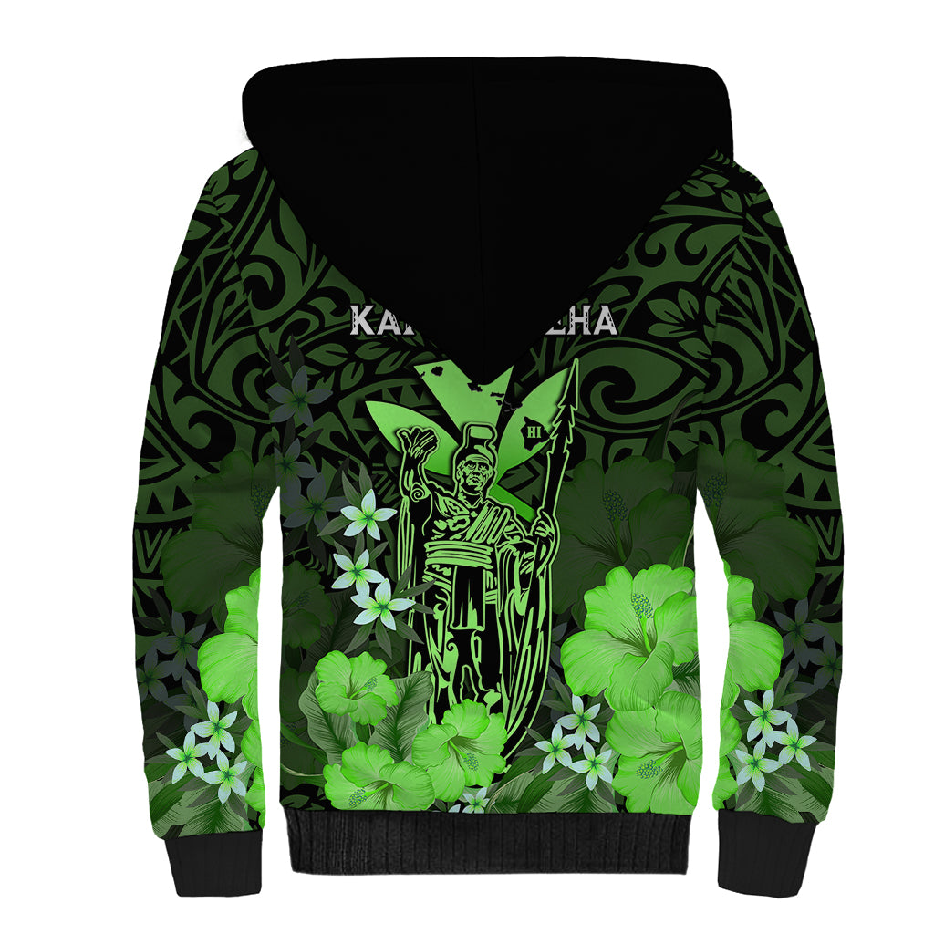 Polynesian Pride King Kamehameha Day Hawaii Sherpa Hoodie Polynesia Tribal Kanaka And Hibiscus Green LT14 - Polynesian Pride