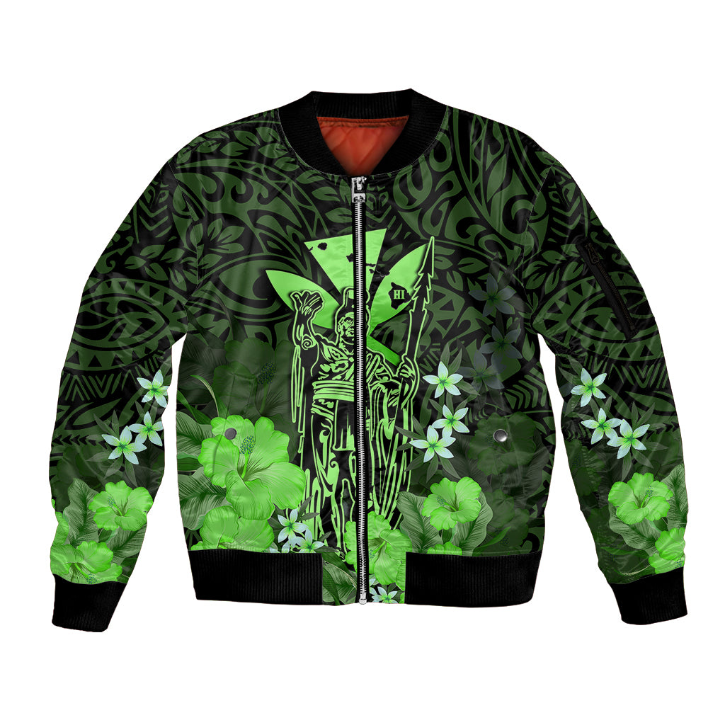 Polynesian Pride King Kamehameha Day Hawaii Sleeve Zip Bomber Jacket Polynesia Tribal Kanaka And Hibiscus Green LT14 Unisex Green - Polynesian Pride