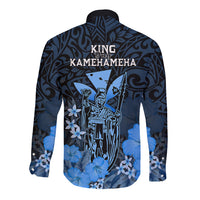 Polynesian Pride King Kamehameha Day Hawaii Long Sleeve Button Shirt Polynesia Tribal Kanaka And Hibiscus Blue LT14 - Polynesian Pride