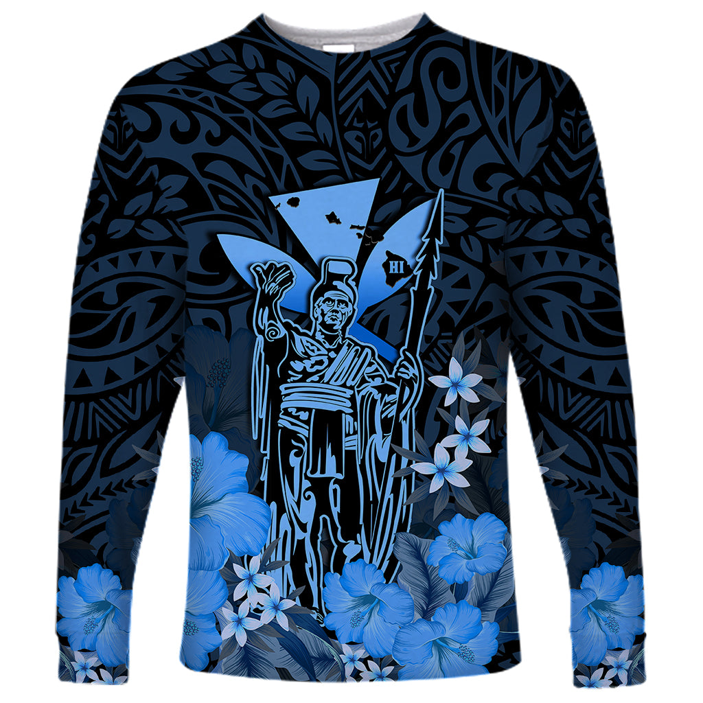 Polynesian Pride King Kamehameha Day Hawaii Long Sleeve Shirt Polynesia Tribal Kanaka And Hibiscus Blue LT14 Unisex Blue - Polynesian Pride