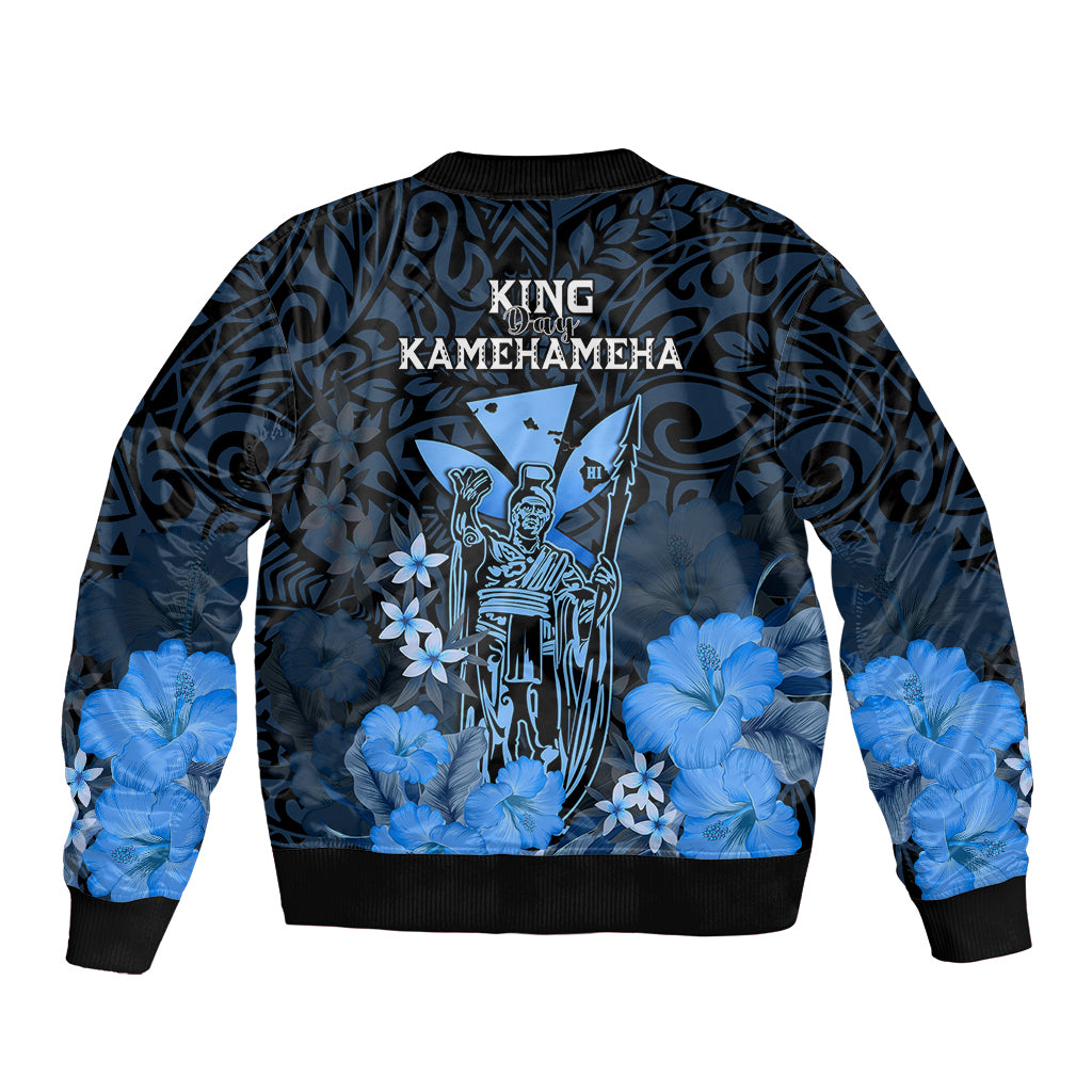 Polynesian Pride King Kamehameha Day Hawaii Sleeve Zip Bomber Jacket Polynesia Tribal Kanaka And Hibiscus Blue LT14 - Polynesian Pride