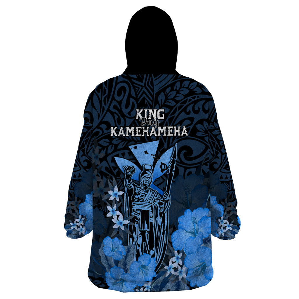 Polynesian Pride King Kamehameha Day Hawaii Wearable Blanket Hoodie Polynesia Tribal Kanaka And Hibiscus Blue LT14 - Polynesian Pride