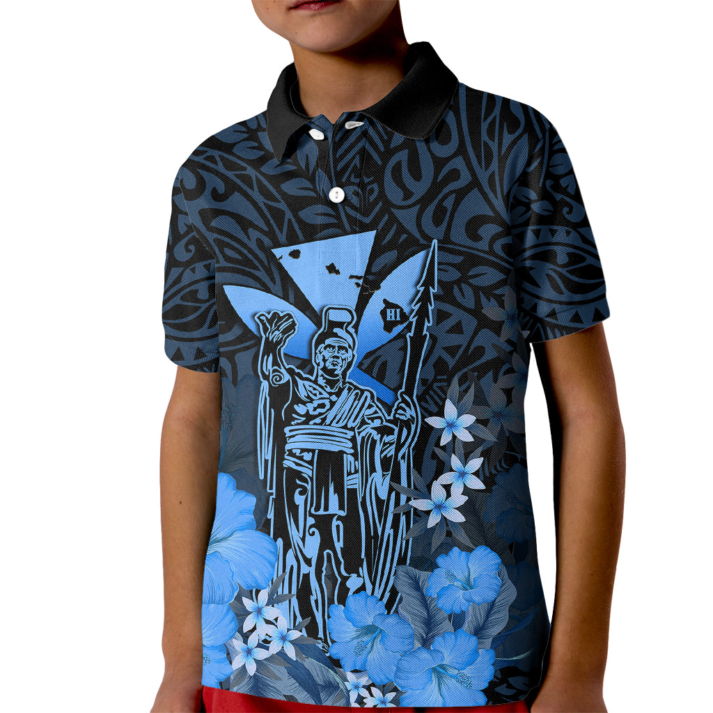 Personalised King Kamehameha Day Hawaii Kid Polo Shirt Polynesia Tribal Kanaka And Hibiscus Blue LT14 Kid Blue - Polynesian Pride