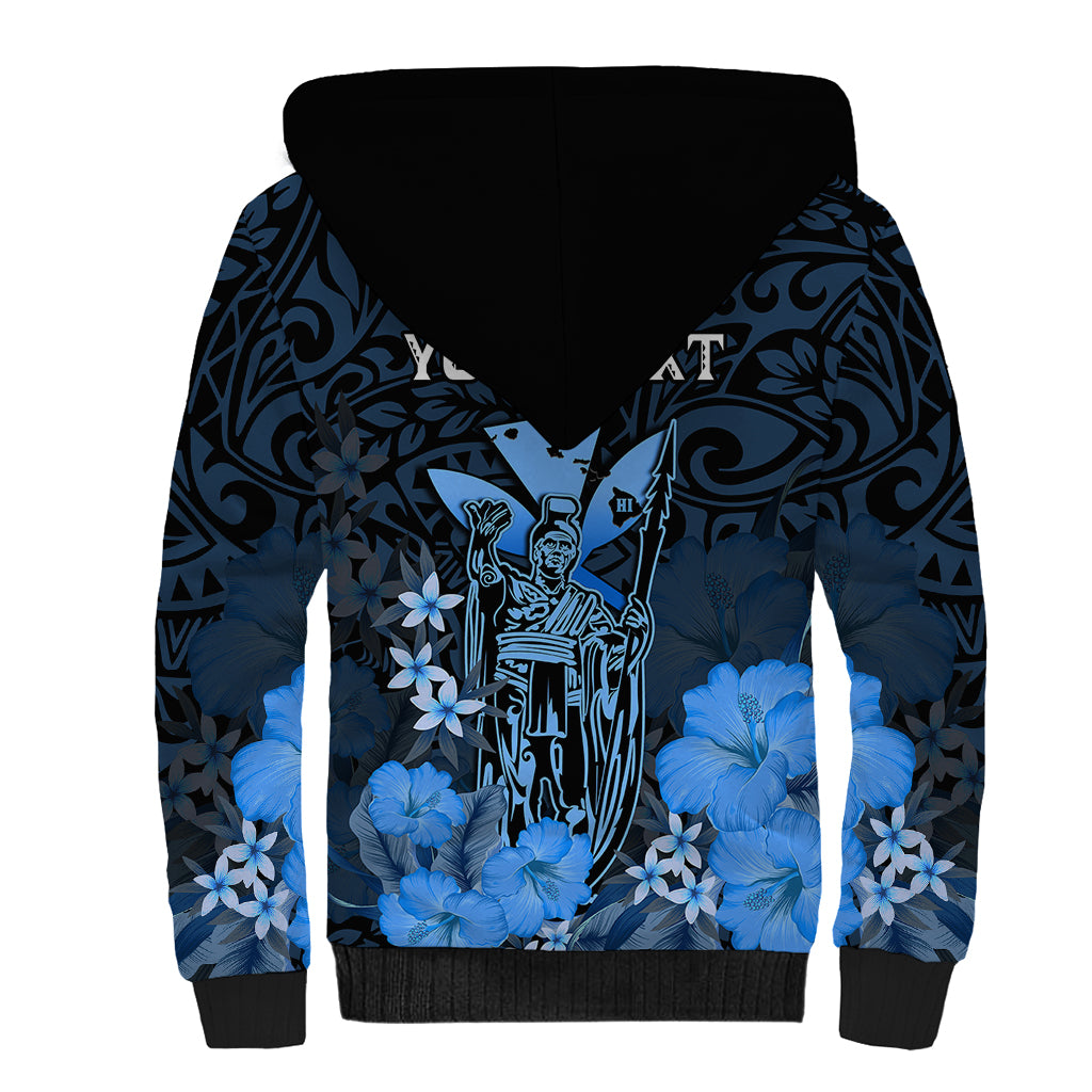 Personalised King Kamehameha Day Hawaii Sherpa Hoodie Polynesia Tribal Kanaka And Hibiscus Blue LT14 - Polynesian Pride