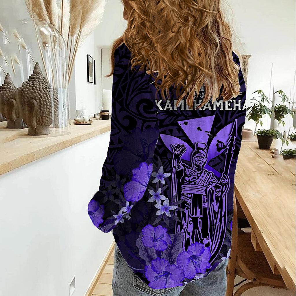 Polynesian Pride King Kamehameha Day Hawaii Women Casual Shirt Polynesia Tribal Kanaka And Hibiscus Purple LT14 - Polynesian Pride