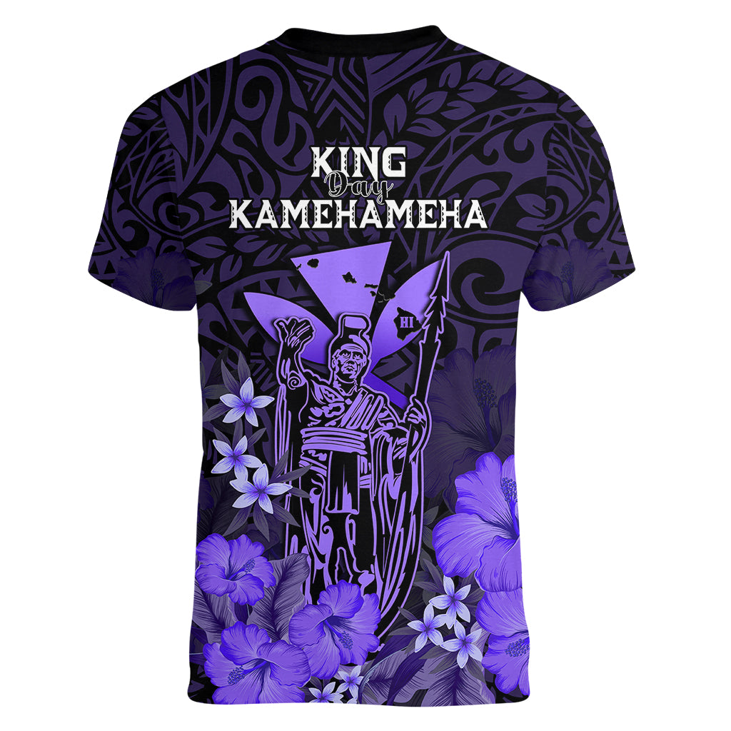 Polynesian Pride King Kamehameha Day Hawaii Women V Neck T Shirt Polynesia Tribal Kanaka And Hibiscus Purple LT14 - Polynesian Pride