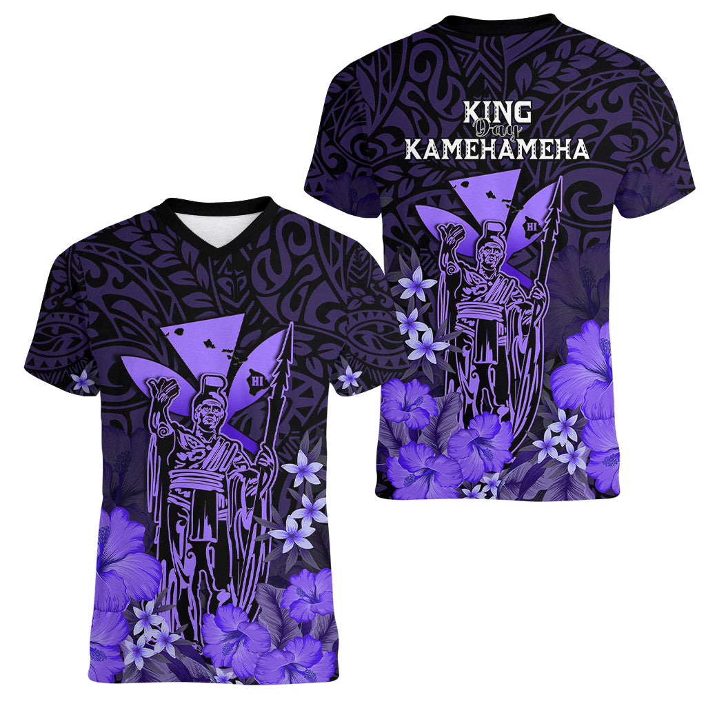 Polynesian Pride King Kamehameha Day Hawaii Women V Neck T Shirt Polynesia Tribal Kanaka And Hibiscus Purple LT14 - Polynesian Pride