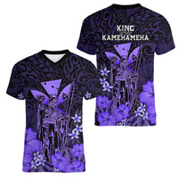 Polynesian Pride King Kamehameha Day Hawaii Women V Neck T Shirt Polynesia Tribal Kanaka And Hibiscus Purple LT14 - Polynesian Pride