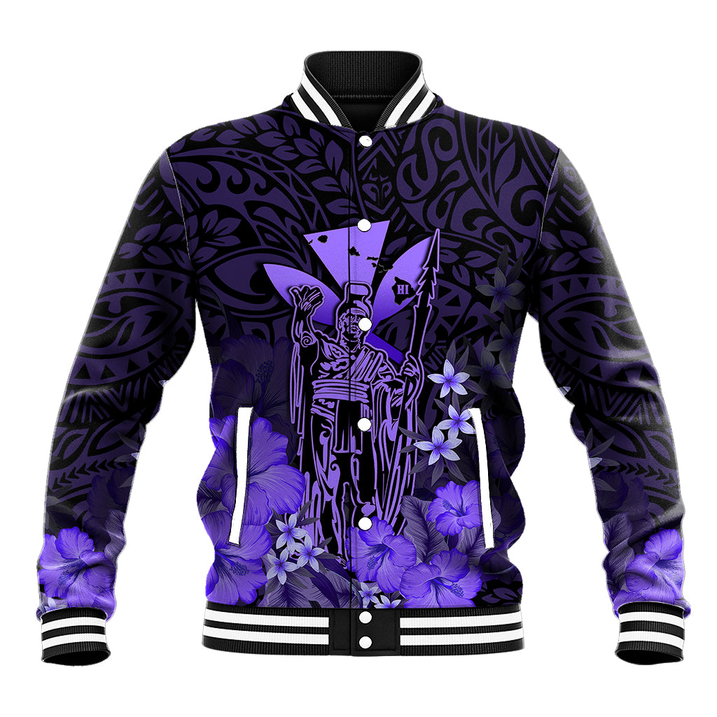 Personalised King Kamehameha Day Hawaii Baseball Jacket Polynesia Tribal Kanaka And Hibiscus Purple LT14 Unisex Purple - Polynesian Pride