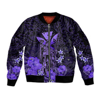 Personalised King Kamehameha Day Hawaii Sleeve Zip Bomber Jacket Polynesia Tribal Kanaka And Hibiscus Purple LT14 Unisex Purple - Polynesian Pride
