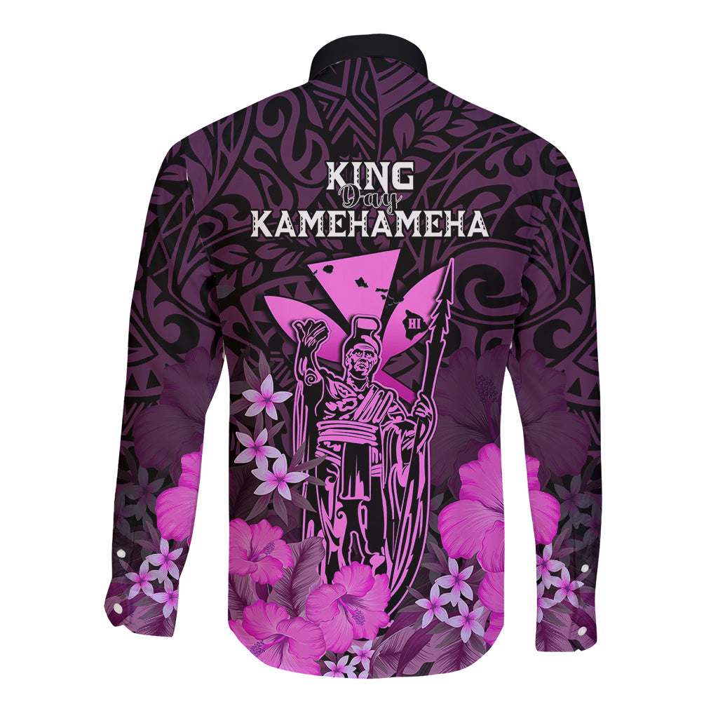Polynesian Pride King Kamehameha Day Hawaii Long Sleeve Button Shirt Polynesia Tribal Kanaka And Hibiscus Pink LT14 - Polynesian Pride