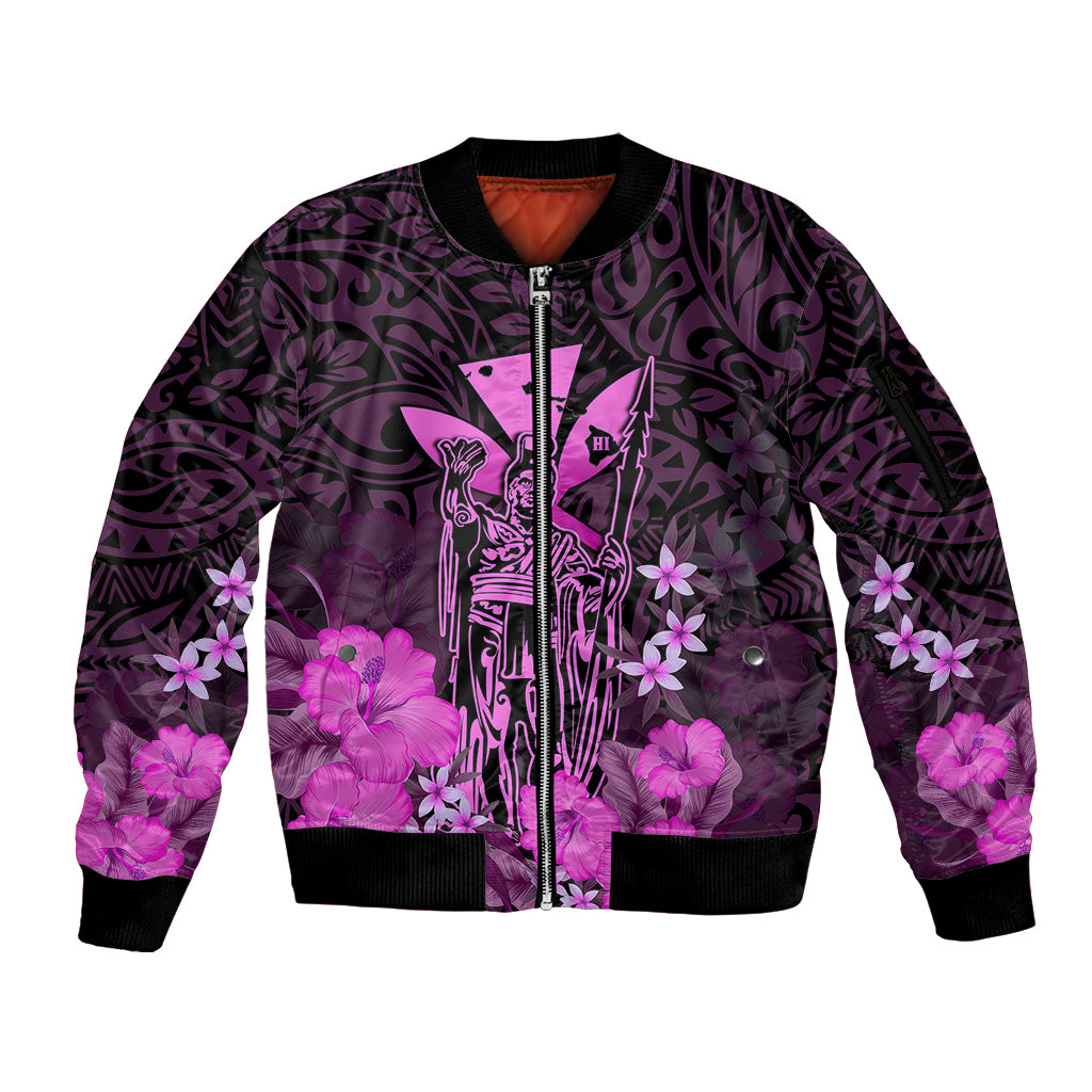 Polynesian Pride King Kamehameha Day Hawaii Sleeve Zip Bomber Jacket Polynesia Tribal Kanaka And Hibiscus Pink LT14 Unisex Pink - Polynesian Pride
