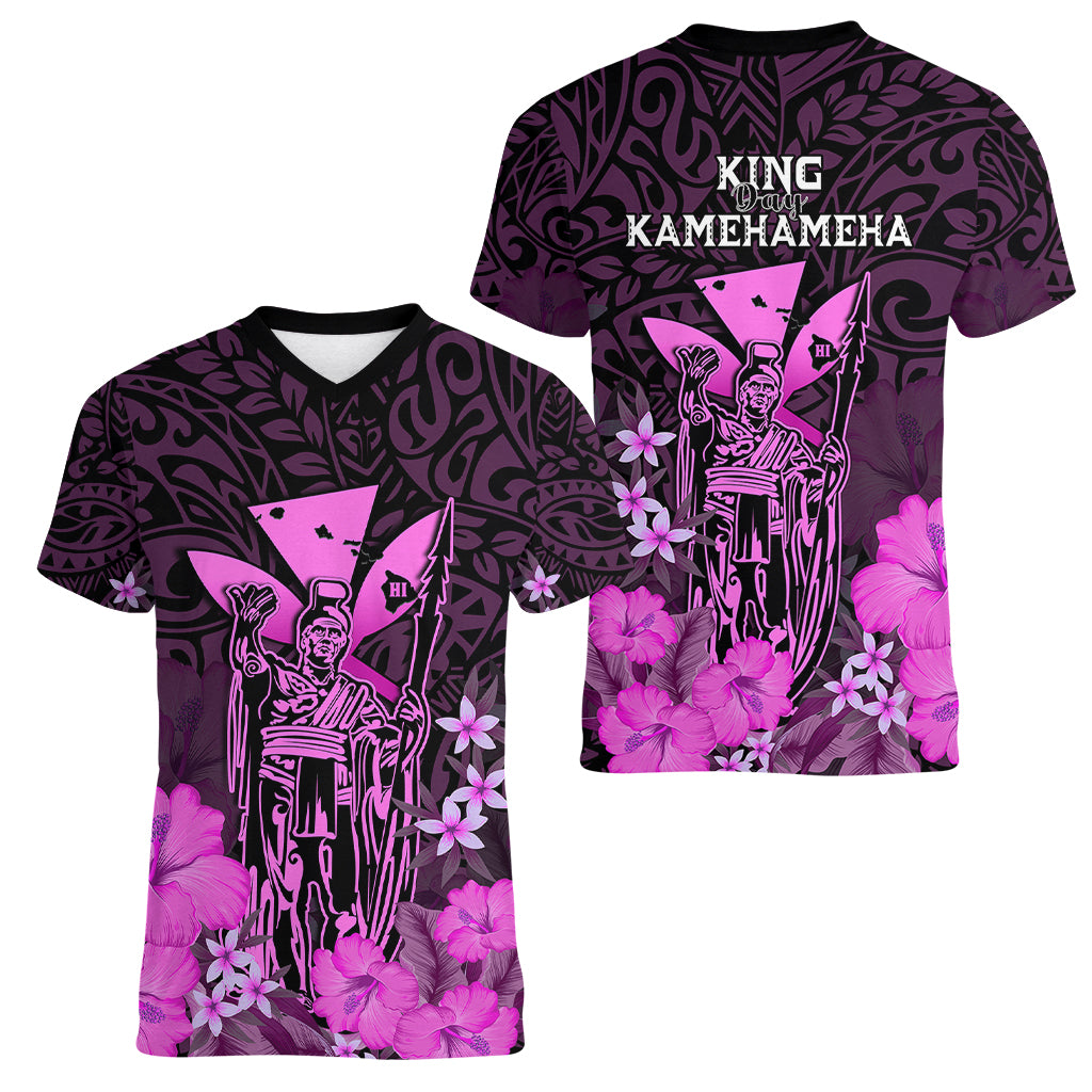 Polynesian Pride King Kamehameha Day Hawaii Women V Neck T Shirt Polynesia Tribal Kanaka And Hibiscus Pink LT14 - Polynesian Pride