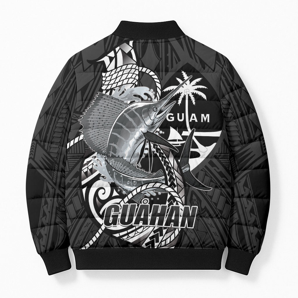 Guam Blue Marlin Fishing Bomber Puffer Jacket Guahan Fish Hook Tattoo Black Version