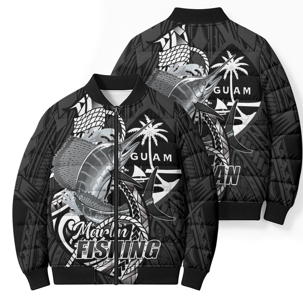 Guam Blue Marlin Fishing Bomber Puffer Jacket Guahan Fish Hook Tattoo Black Version