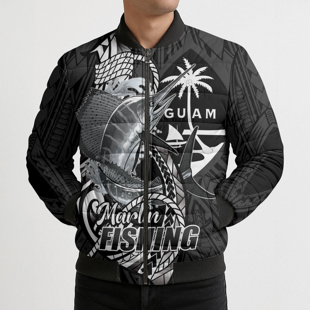 Guam Blue Marlin Fishing Bomber Puffer Jacket Guahan Fish Hook Tattoo Black Version