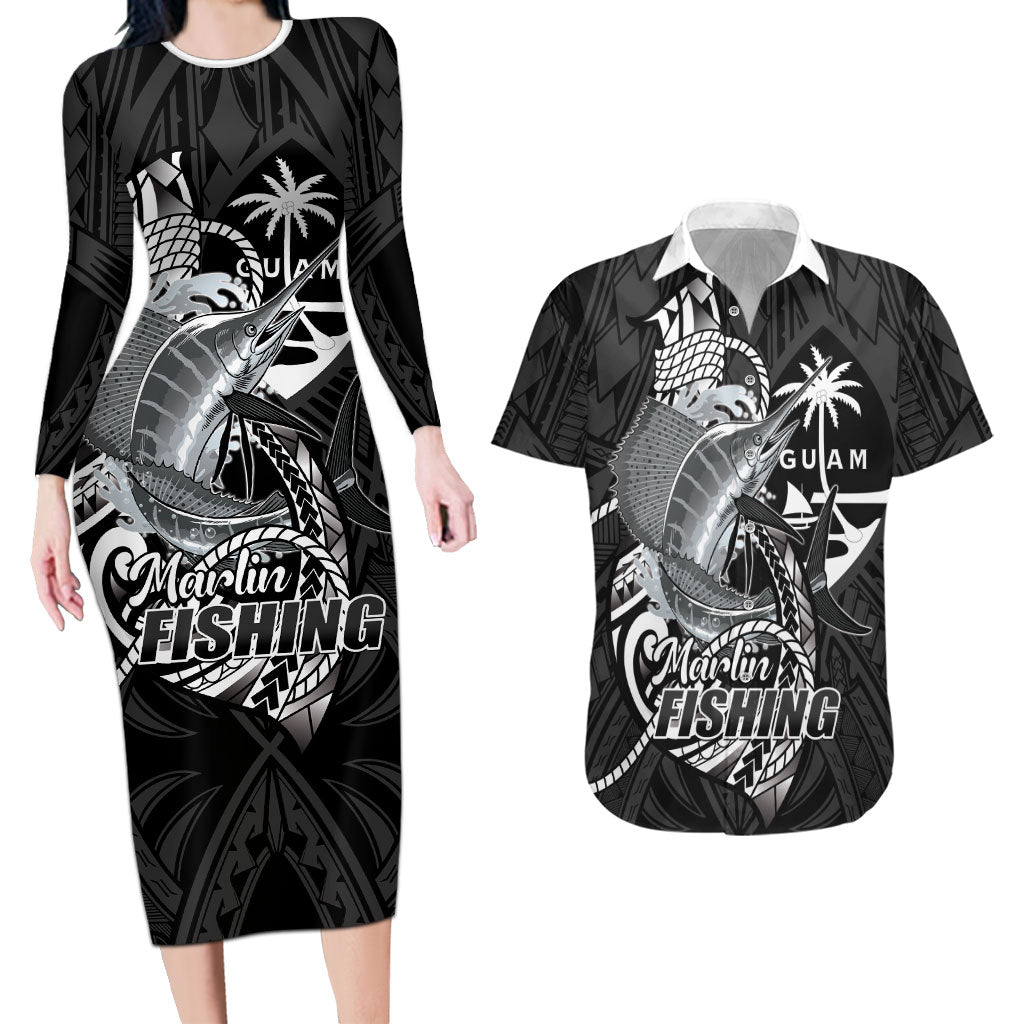 Guam Blue Marlin Fishing Couples Matching Long Sleeve Bodycon Dress and Hawaiian Shirt Guahan Fish Hook Tattoo Black Version