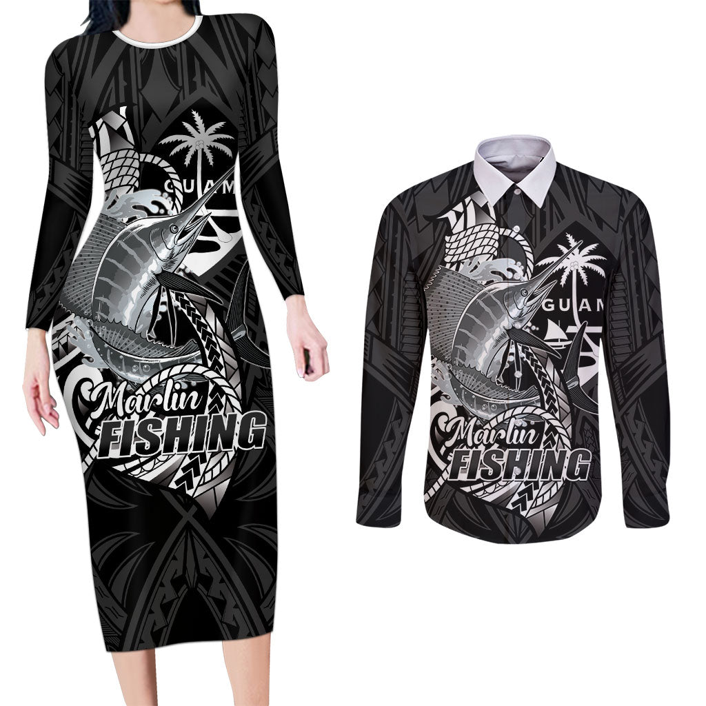 Guam Blue Marlin Fishing Couples Matching Long Sleeve Bodycon Dress and Long Sleeve Button Shirt Guahan Fish Hook Tattoo Black Version