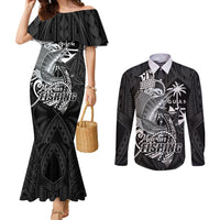 Guam Blue Marlin Fishing Couples Matching Mermaid Dress and Long Sleeve Button Shirt Guahan Fish Hook Tattoo Black Version