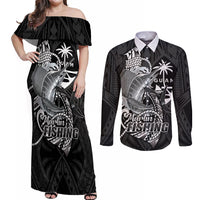 Guam Blue Marlin Fishing Couples Matching Off Shoulder Maxi Dress and Long Sleeve Button Shirt Guahan Fish Hook Tattoo Black Version